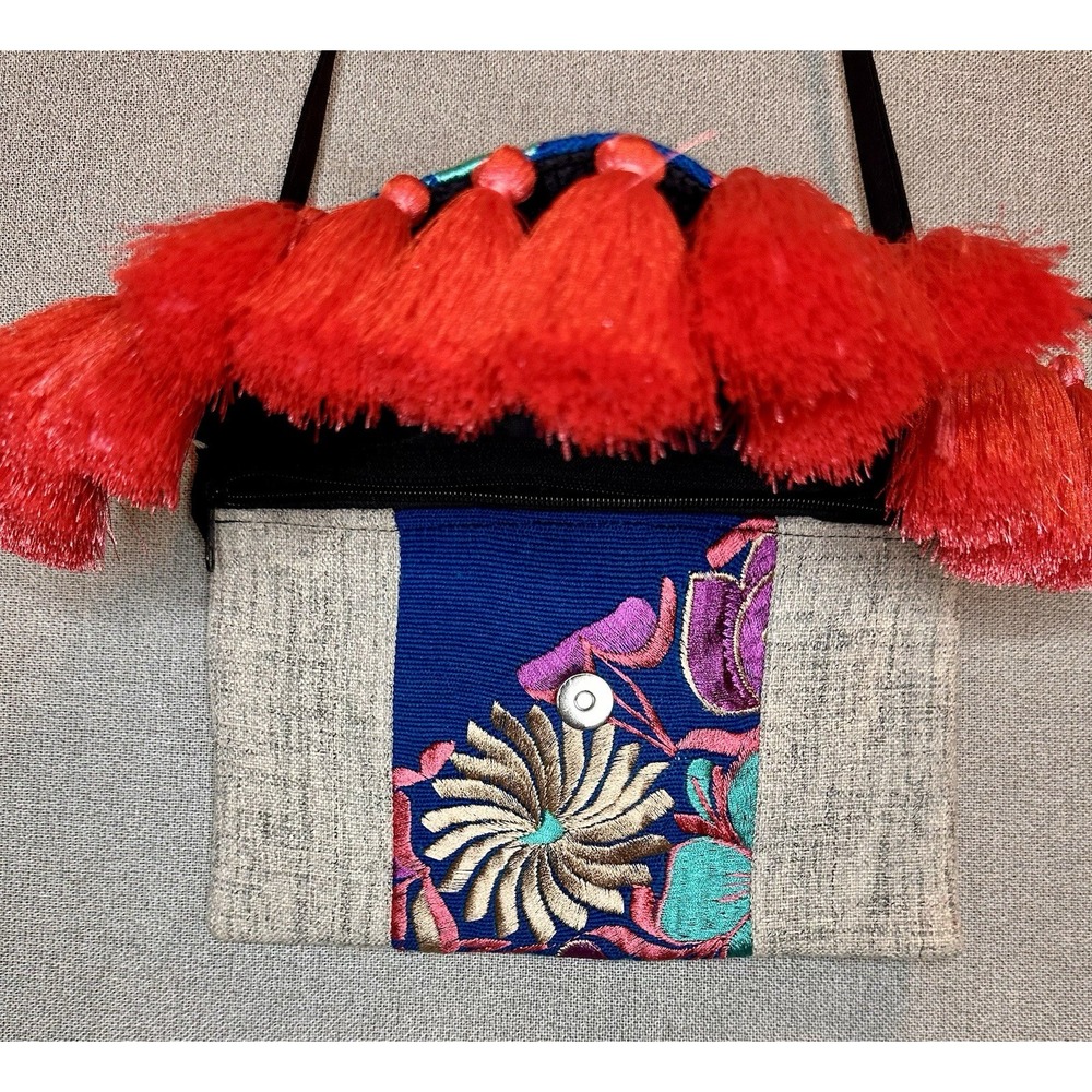Handmade Mexican Floral Colorful Embroidered Pom Pom Clutch Purse Crossbody Bag - Picture 3 of 9
